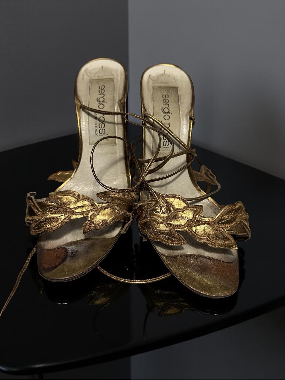 Sergio Rossi Gold Leaf Lace-Up Heeled Sandals